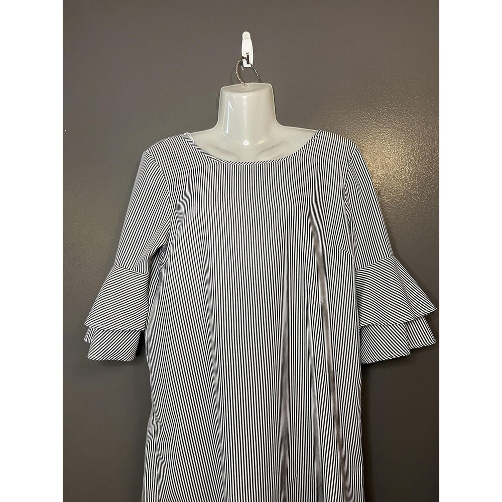Potter's Pot Dress Womens Medium White Striped Ruffle Bell Sleeve Shift Mini